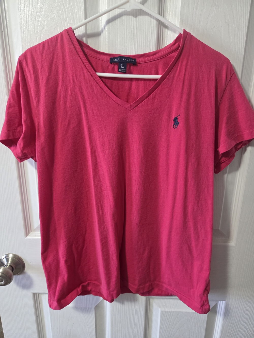 Ralph Lauren Women's V-Neck Tee in Bright Pink with Navy Logo